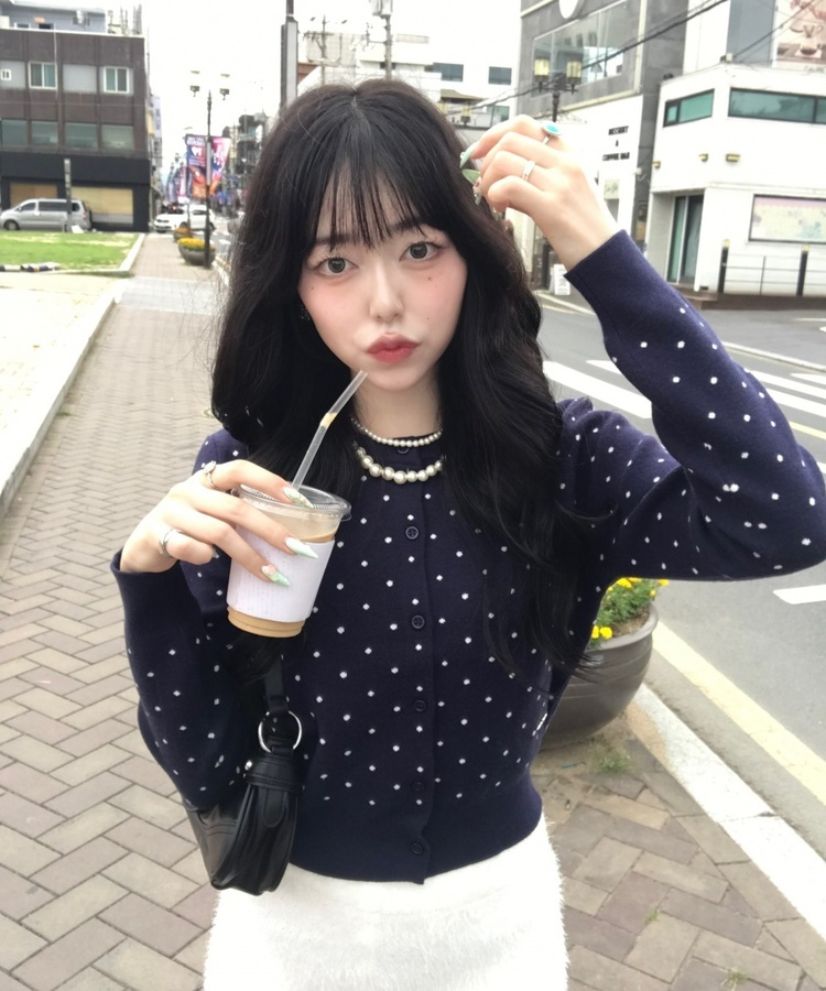 【단독상품】도트 베이직 가디건 곤색