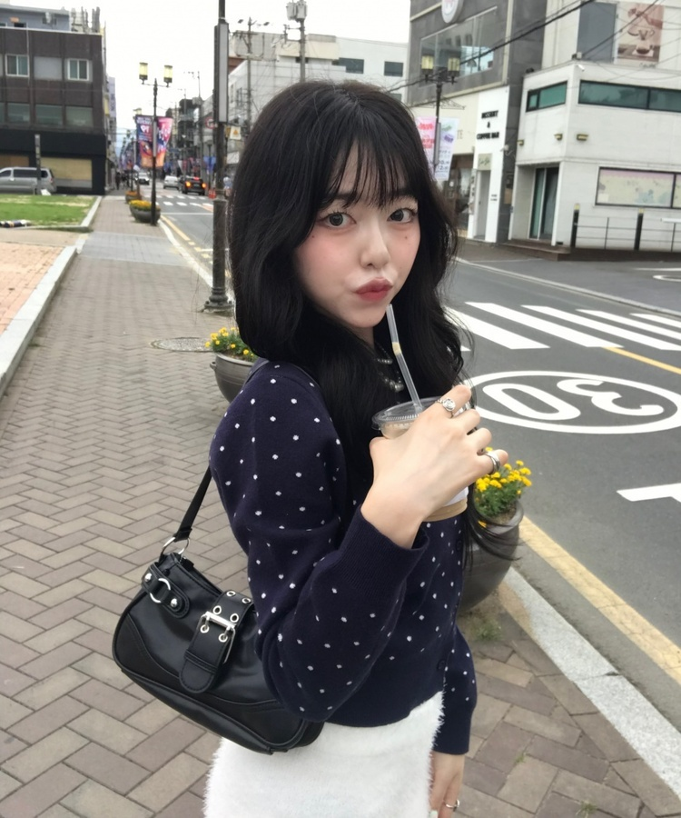 【단독상품】도트 베이직 가디건 곤색