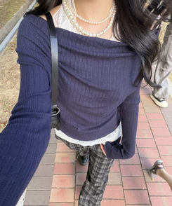 【단독상품】레이스 레이어드 오프숄더 T셔츠 네이비
