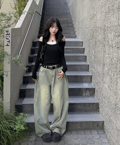 【단독상품/SET】오프숄더 T셔츠+캐미솔 검정