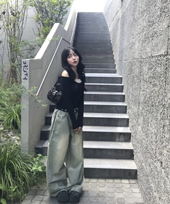【단독상품/SET】오프숄더 T셔츠+캐미솔 검정