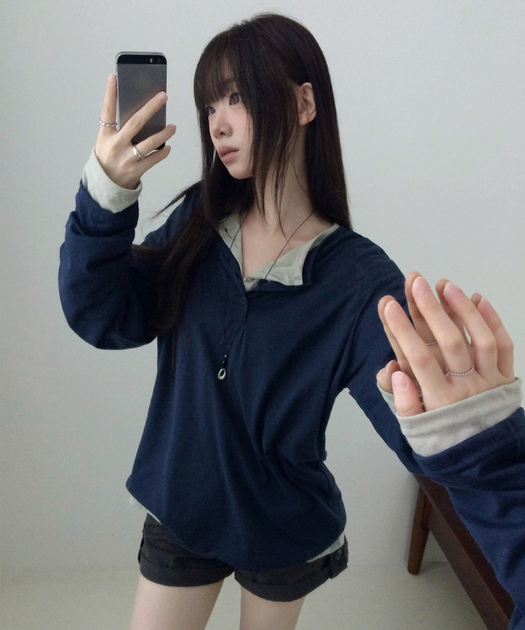 ヘンリーネックレイヤード長袖Tシャツ(8color)｜長袖Tシャツ｜韓国