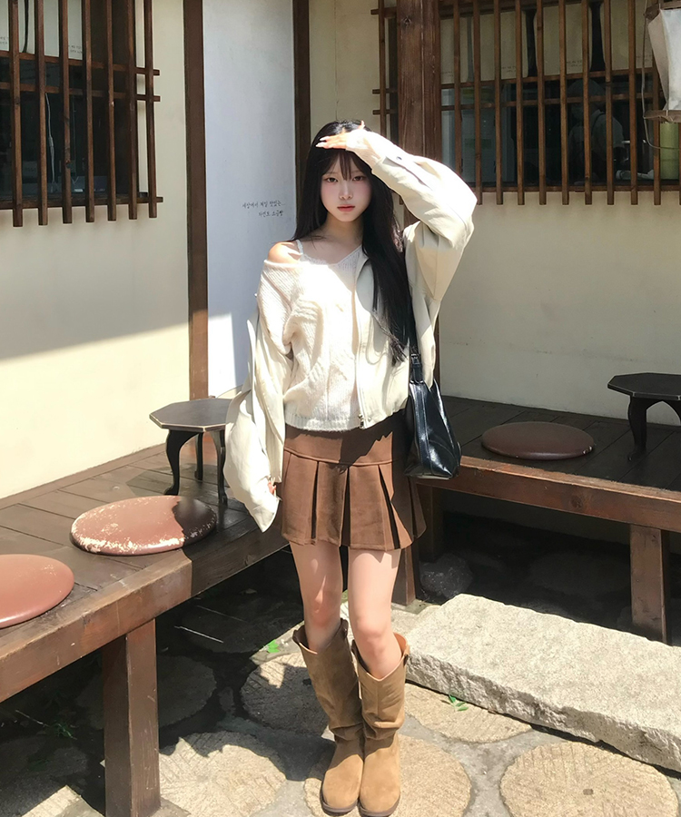스웨이드 셔링 롱부츠 베이지