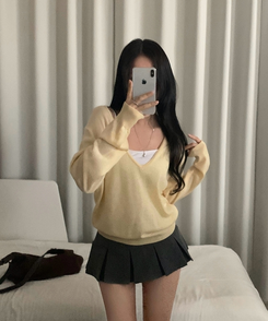 플레인 딥브이 오프숄더 여리 루즈핏 긴팔니트 8color 옐로우