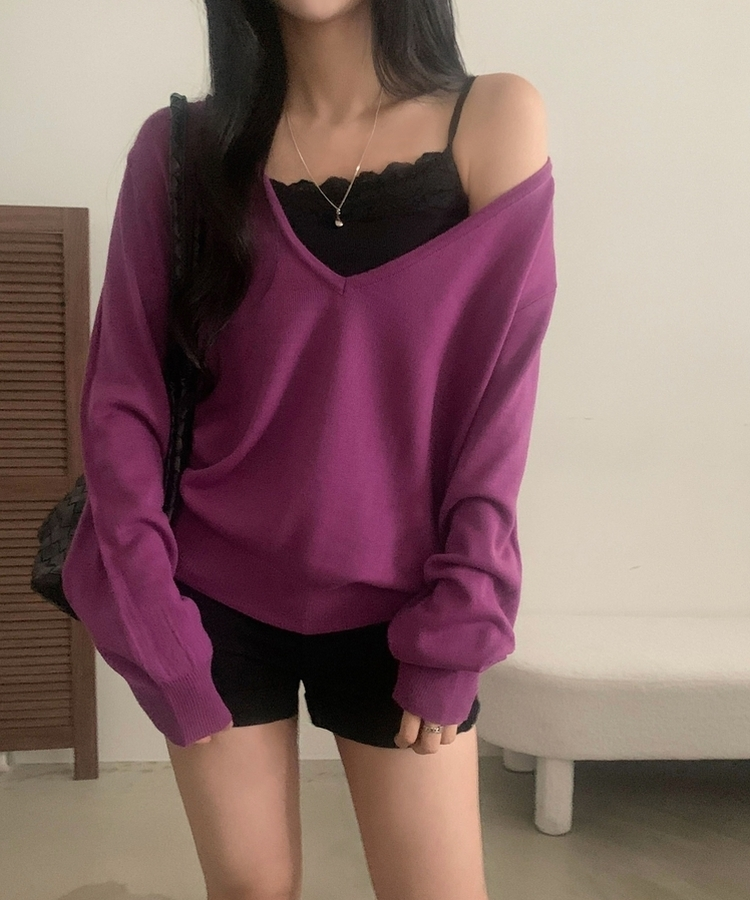 플레인 딥브이 오프숄더 여리 루즈핏 긴팔니트 8color 퍼플