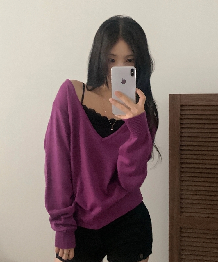 플레인 딥브이 오프숄더 여리 루즈핏 긴팔니트 8color 퍼플