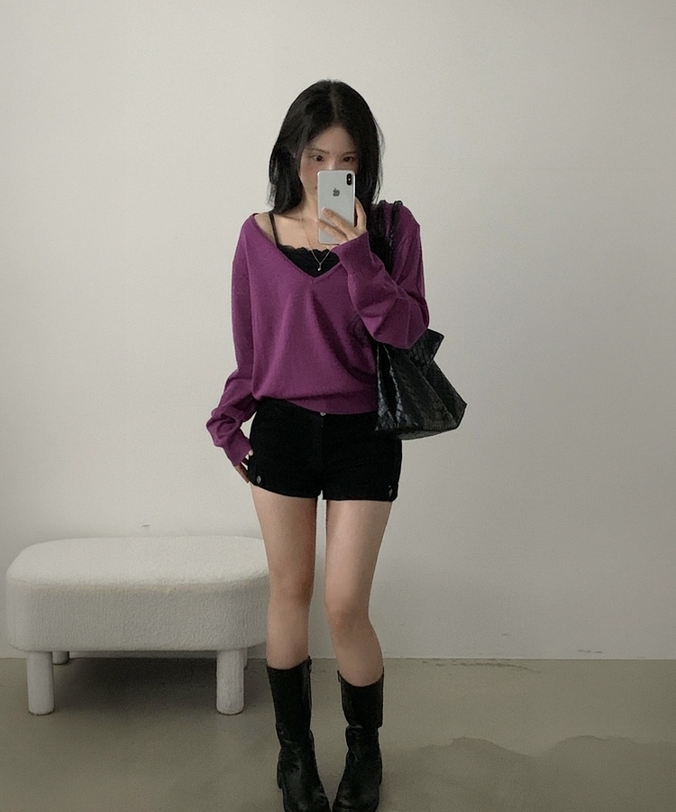 플레인 딥브이 오프숄더 여리 루즈핏 긴팔니트 8color 퍼플
