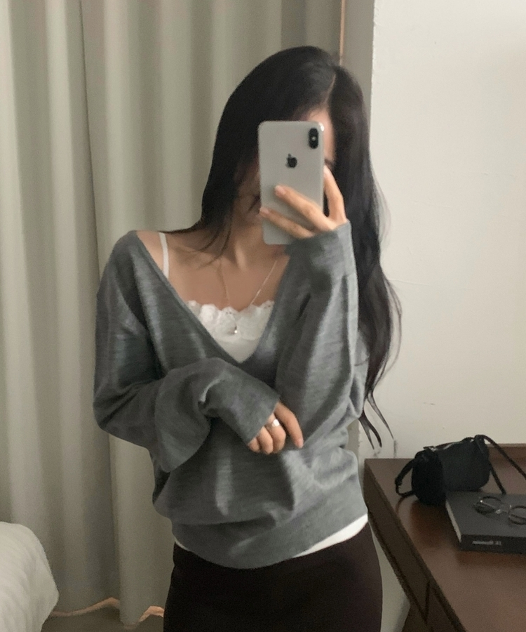 플레인 딥브이 오프숄더 여리 루즈핏 긴팔니트 8color 그레이