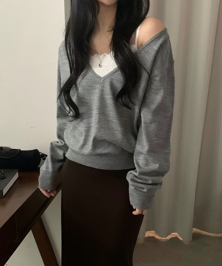 플레인 딥브이 오프숄더 여리 루즈핏 긴팔니트 8color 그레이
