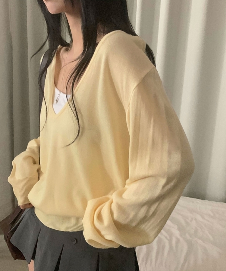 플레인 딥브이 오프숄더 여리 루즈핏 긴팔니트 8color 옐로우