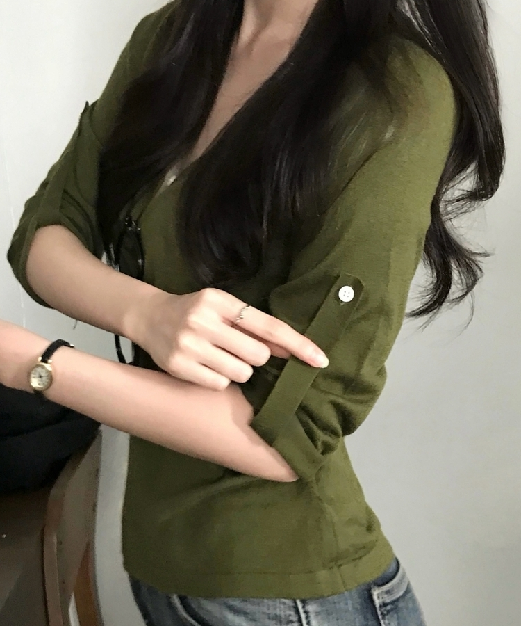 온리 버튼 롤업 헨리넥 긴팔니트 티셔츠 6color 올리브