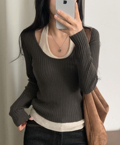 톤온톤 레이어드 유넥 골지 배색니트 4color 브라운