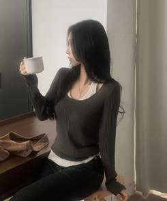 톤온톤 레이어드 유넥 골지 배색니트 4color 브라운