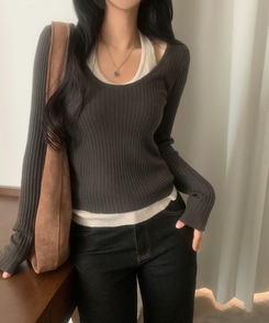 톤온톤 레이어드 유넥 골지 배색니트 4color 브라운