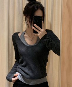 톤온톤 레이어드 유넥 골지 배색니트 4color 차콜