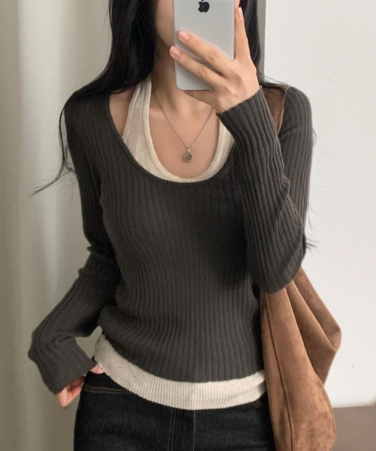톤온톤 레이어드 유넥 골지 배색니트 4color 브라운