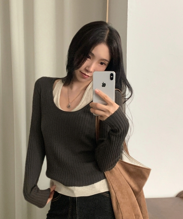 톤온톤 레이어드 유넥 골지 배색니트 4color 브라운