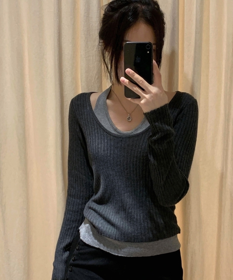톤온톤 레이어드 유넥 골지 배색니트 4color 차콜