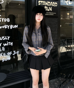 크롭 슬림 체크 셔츠 먹색