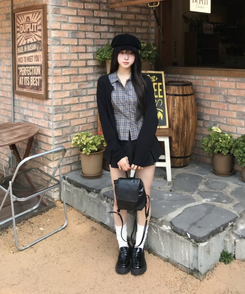 크롭 슬림 체크 셔츠 먹색