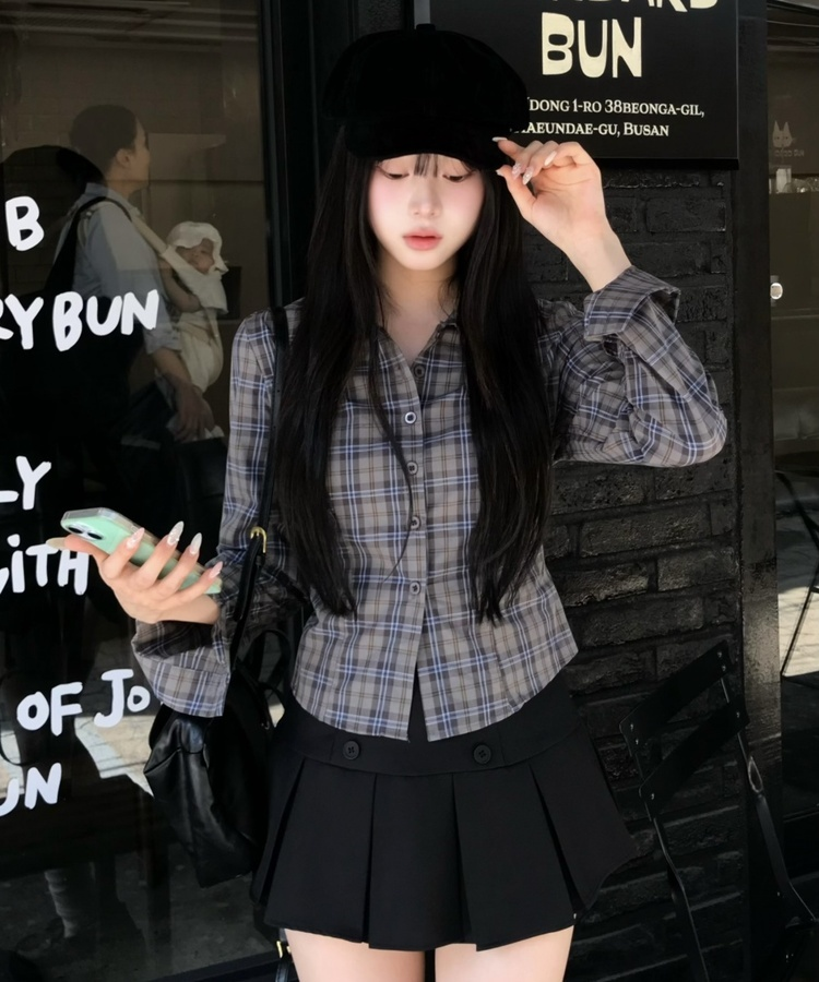 크롭 슬림 체크 셔츠 먹색