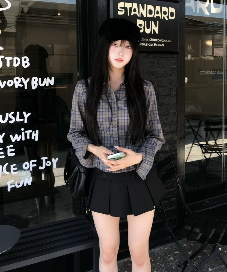 크롭 슬림 체크 셔츠 먹색