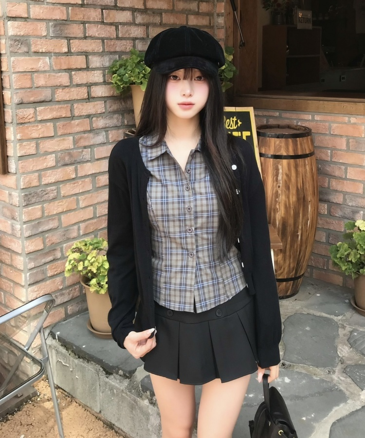 크롭 슬림 체크 셔츠 먹색