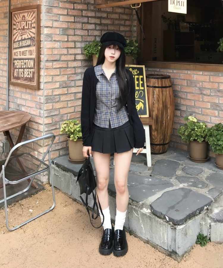 크롭 슬림 체크 셔츠 먹색