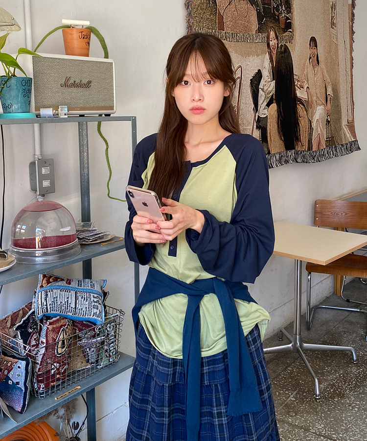 ベーシックヘンリーネックTシャツ｜長袖Tシャツ｜韓国ファッション通販