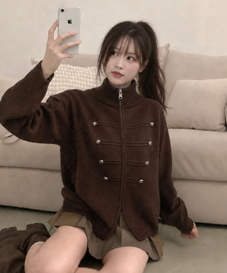 마벨 나폴레옹 투웨이 폭닥 니트 집업 브라운