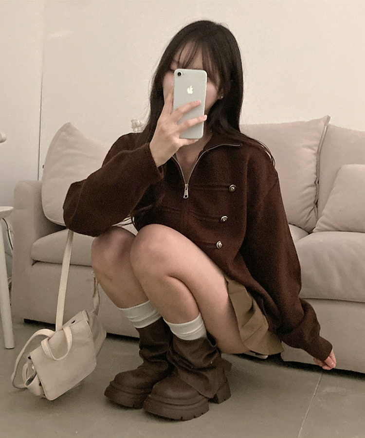 마벨 나폴레옹 투웨이 폭닥 니트 집업 브라운