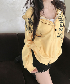 메논 크랙 프린팅 루즈핏 후드 집업 가을후드집업 옐로우