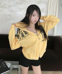 메논 크랙 프린팅 루즈핏 후드 집업 가을후드집업 옐로우