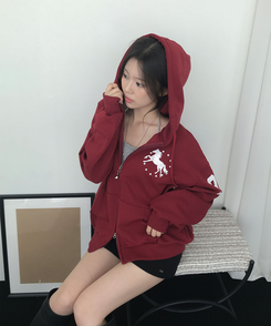 타밍 홀스 레터링 프린팅 루즈핏 후드집업 가을 가을후드집업 레드