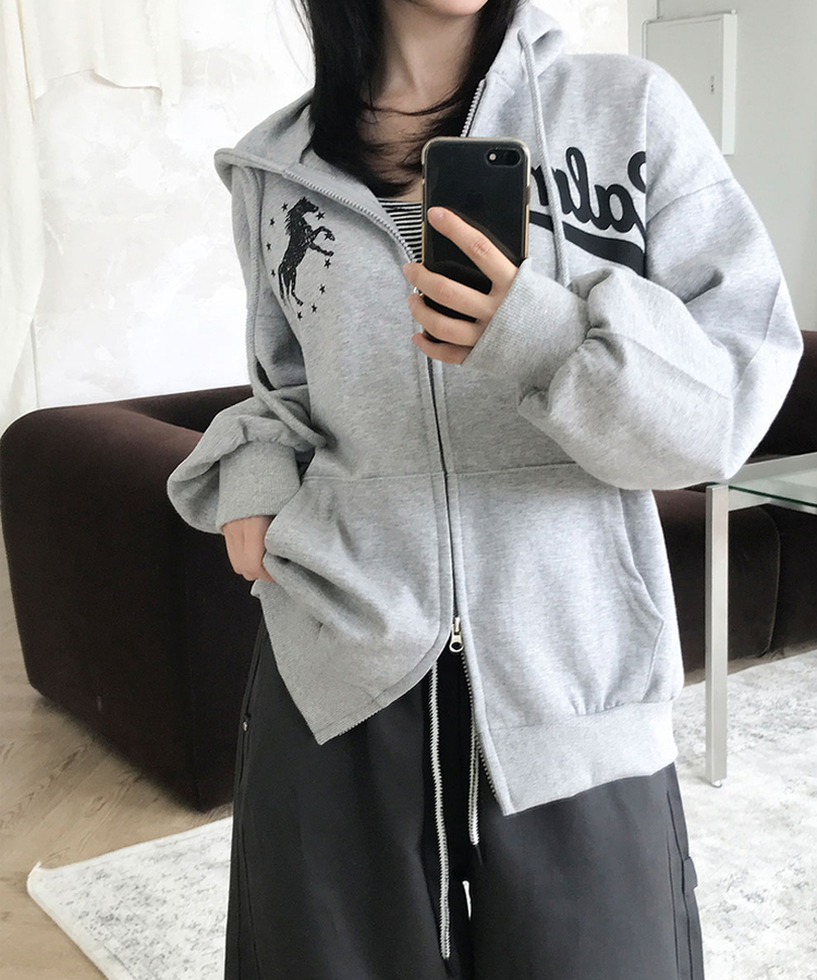 타밍 홀스 레터링 프린팅 루즈핏 후드집업 가을 가을후드집업 그레이