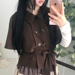 트렌치 더블버튼 빈티지 대장 모리걸 판초 카라 트렌치 코트 자켓 아우터 가을봄 케이프 망토 밤색