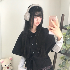 트렌치 더블버튼 빈티지 대장 모리걸 판초 카라 트렌치 코트 자켓 아우터 가을봄 케이프 망토 블랙