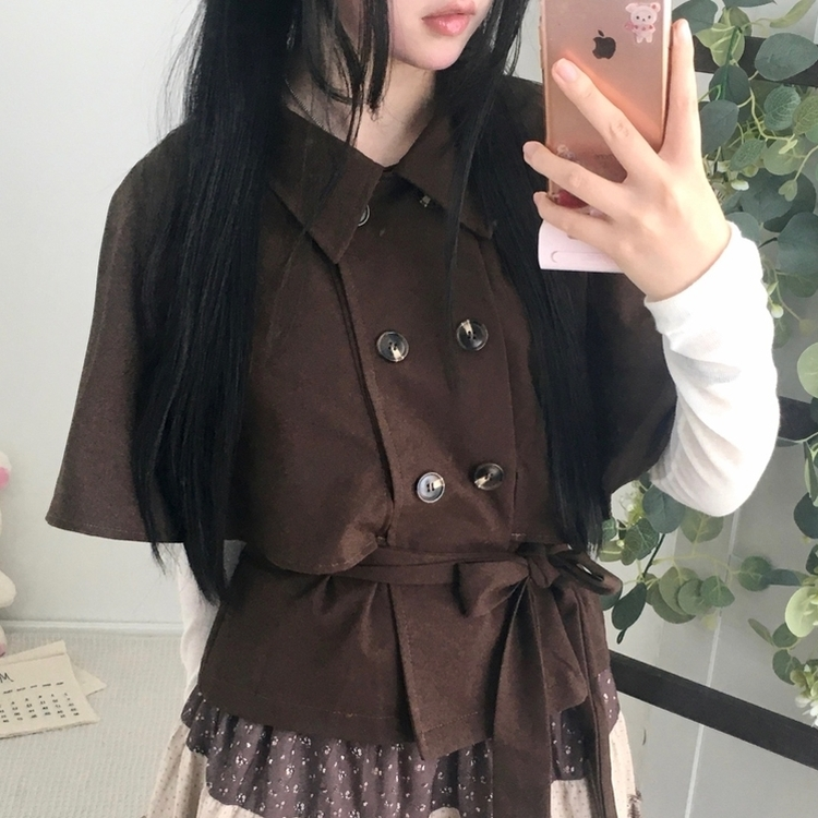 트렌치 더블버튼 빈티지 대장 모리걸 판초 카라 트렌치 코트 자켓 아우터 가을봄 케이프 망토 밤색