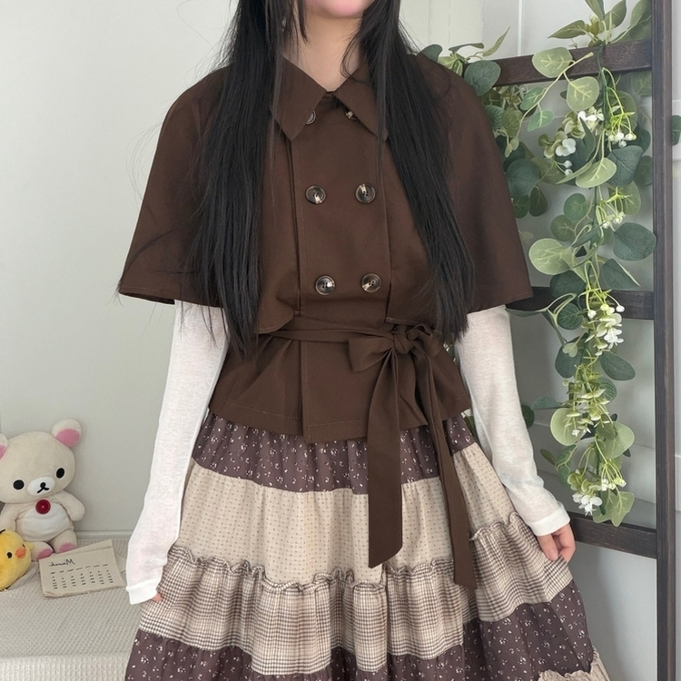 트렌치 더블버튼 빈티지 대장 모리걸 판초 카라 트렌치 코트 자켓 아우터 가을봄 케이프 망토 밤색