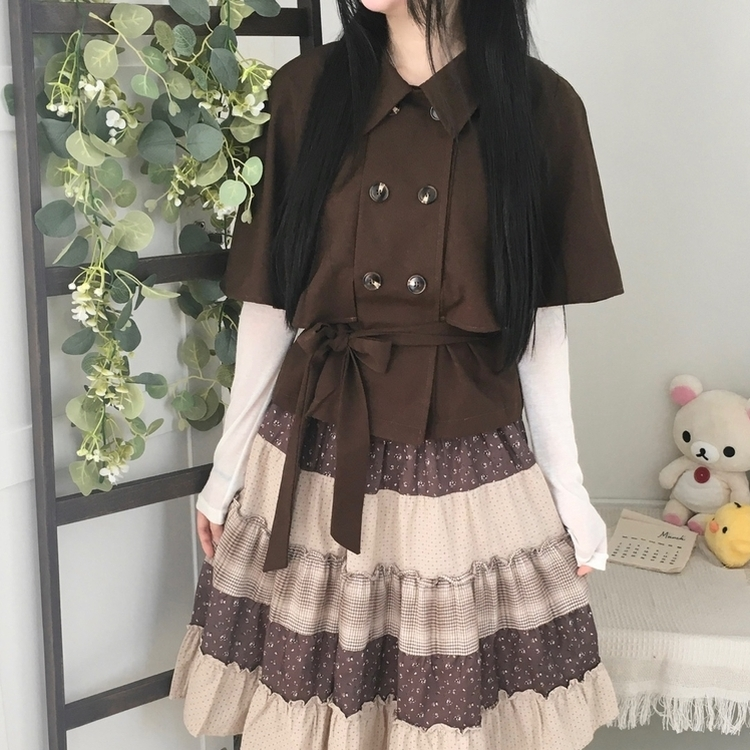 트렌치 더블버튼 빈티지 대장 모리걸 판초 카라 트렌치 코트 자켓 아우터 가을봄 케이프 망토 밤색