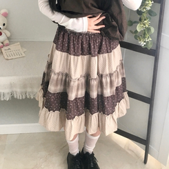 패치워크 플라워 체크 레이어드 미디 스커트 밤색