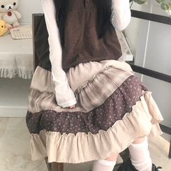 패치워크 플라워 체크 레이어드 미디 스커트 밤색