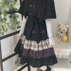 패치워크 플라워 체크 레이어드 미디 스커트 블랙
