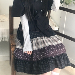 패치워크 플라워 체크 레이어드 미디 스커트 블랙