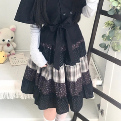 패치워크 플라워 체크 레이어드 미디 스커트 블랙