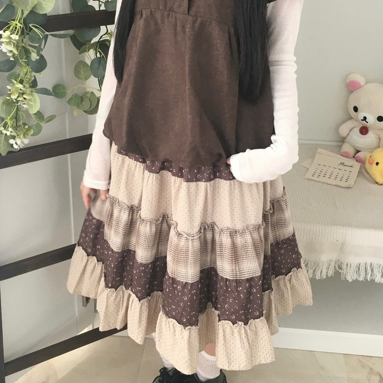 패치워크 플라워 체크 레이어드 미디 스커트 밤색