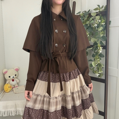 트렌치 더블버튼 빈티지 대장 모리걸 판초 카라 일체형 긴팔 트렌치 코트 자켓 아우터 가을봄 케이프 망토 밤색