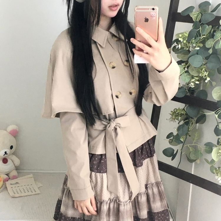 트렌치 더블버튼 빈티지 대장 모리걸 판초 카라 일체형 긴팔 트렌치 코트 자켓 아우터 가을봄 케이프 망토 진베이지
