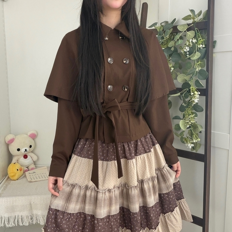 트렌치 더블버튼 빈티지 대장 모리걸 판초 카라 일체형 긴팔 트렌치 코트 자켓 아우터 가을봄 케이프 망토 밤색