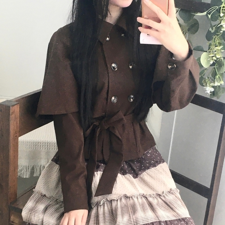 트렌치 더블버튼 빈티지 대장 모리걸 판초 카라 일체형 긴팔 트렌치 코트 자켓 아우터 가을봄 케이프 망토 밤색